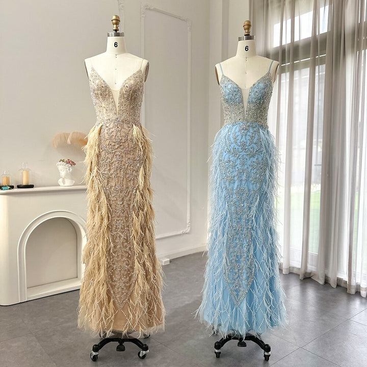 Dreamy Vow Luxury Feathers Mermaid Champagne Evening Dresses for Women Wedding 2023 Spaghetti Straps Prom Formal Gowns 374