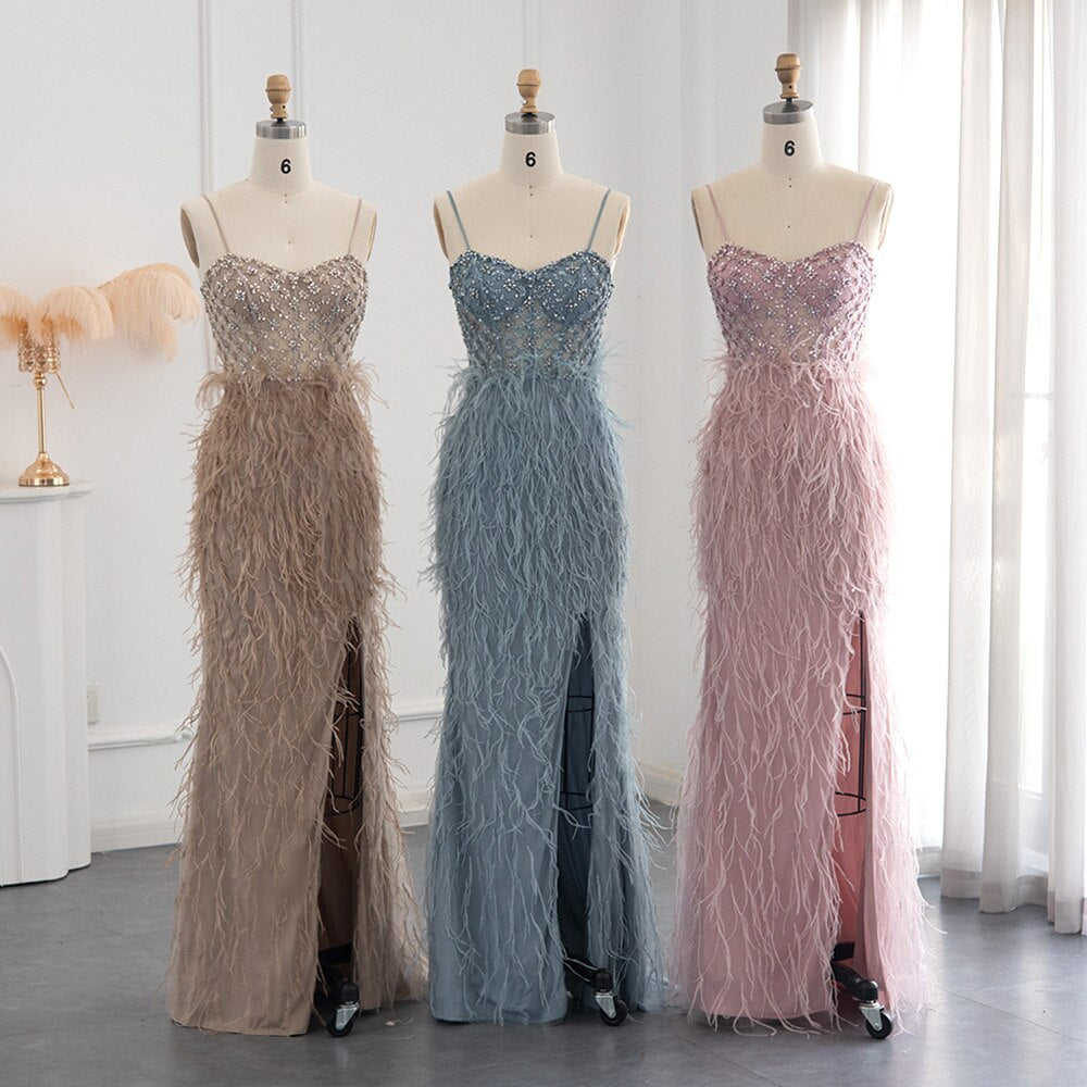 Dreamy Vow Luxury Feathers Pink Mermaid Evening Dress 2023 Spaghetti Straps Side Slit Long Prom Dresses for Women Wedding 125