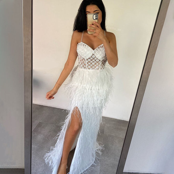 Dreamy Vow Luxury Feathers Pink Mermaid Evening Dress 2023 Spaghetti Straps Side Slit Long Prom Dresses for Women Wedding 125