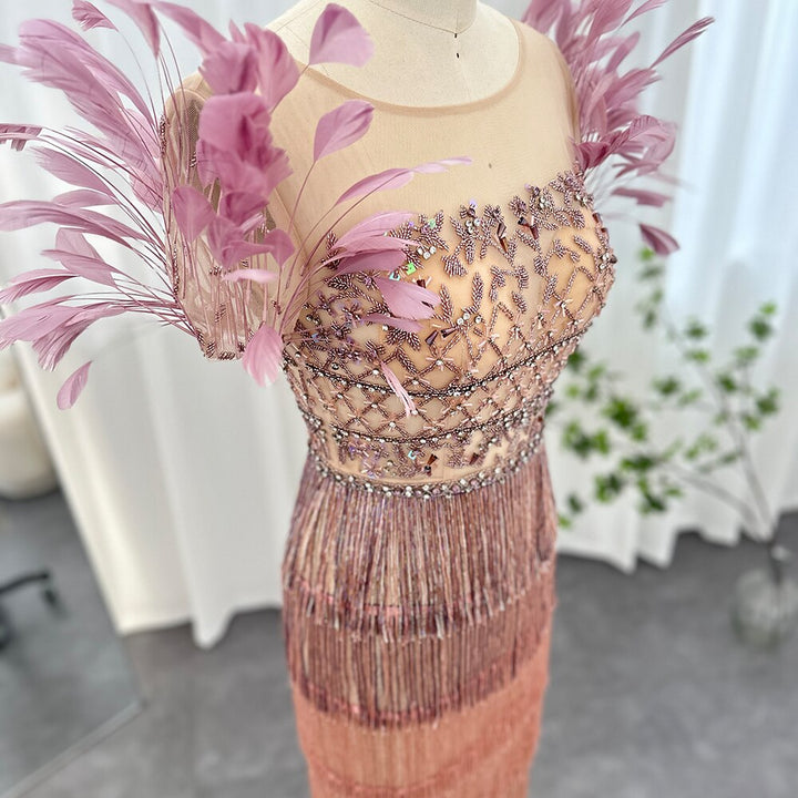 Dreamy Vow Luxury Feathers Tassel Lilac Dubai Evening Dresses for Women Wedding Party Arab Ankle Length Midi Formal Gowns 379