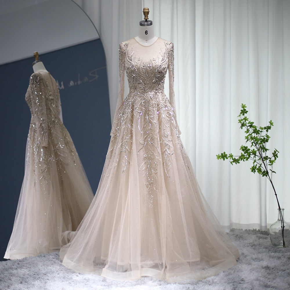 Dreamy Vow Luxury Gold Muslim Evening Dresses 2023 Dubai Beaded Long Sleeve Arabic Formal Dress for Women Wedding Party 307
