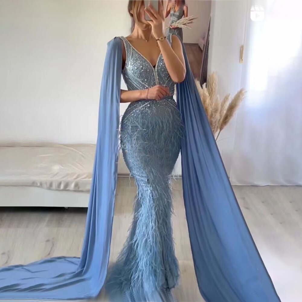 Dreamy Vow Luxury Mermaid Blue Feathers Evening Dress with Cape Sleeve Backless Prom Dresses for Women Wedding Party Gowns 027