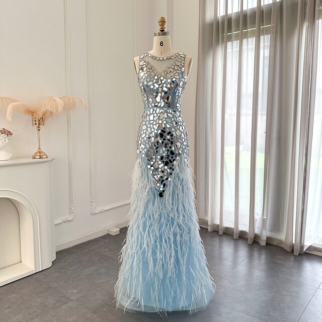 Dreamy Vow Luxury Mermaid Feathers Light Blue Evening Dresses for Women Wedding Party Elegant Long Prom Graduation Gowns 124