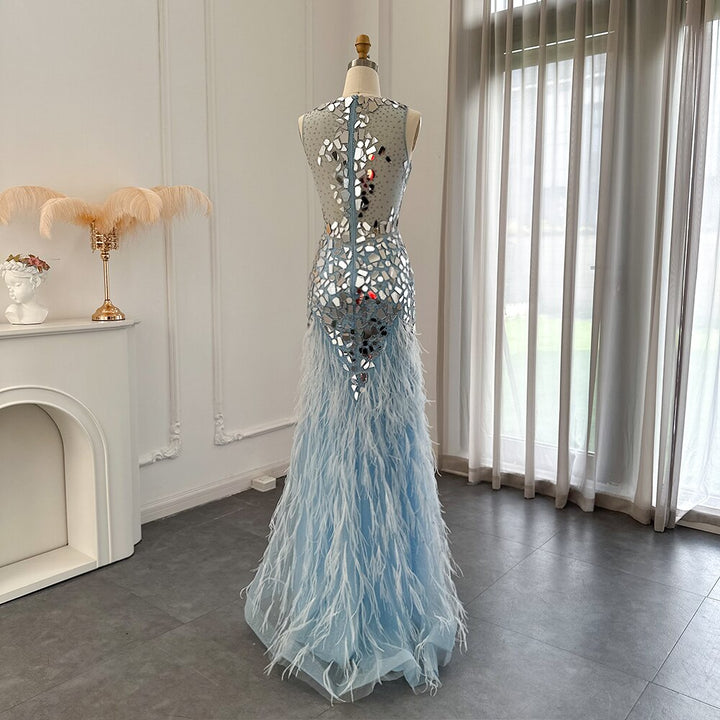 Dreamy Vow Luxury Mermaid Feathers Light Blue Evening Dresses for Women Wedding Party Elegant Long Prom Graduation Gowns 124
