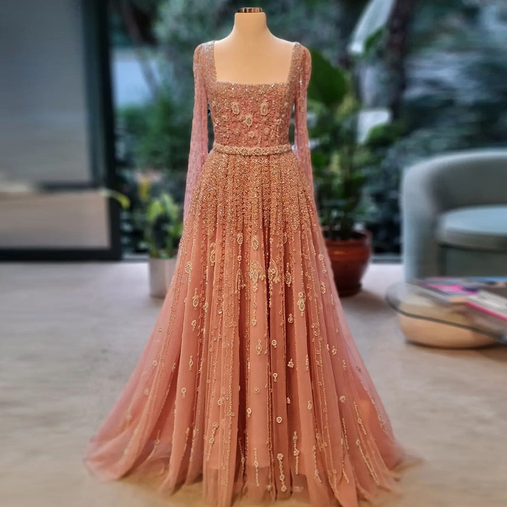 Dreamy Vow Luxury Pink Dubai Evening Dresses for Women Wedding Square Neck Cap Sleeves Arabic Muslim Formal Party Gowns 494