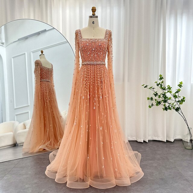 Dreamy Vow Luxury Pink Dubai Evening Dresses for Women Wedding Square Neck Cap Sleeves Arabic Muslim Formal Party Gowns 494