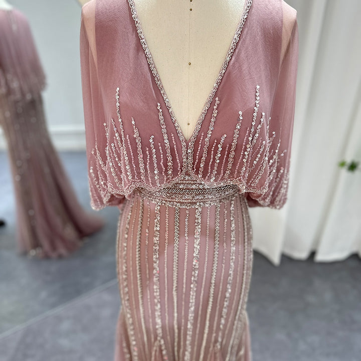 Dreamy Vow Luxury Pink Mermaid Dubai Evening Dresses with Cape 2023 Elegant V-Neck Arabic Women Wedding Formal Party Gown 284