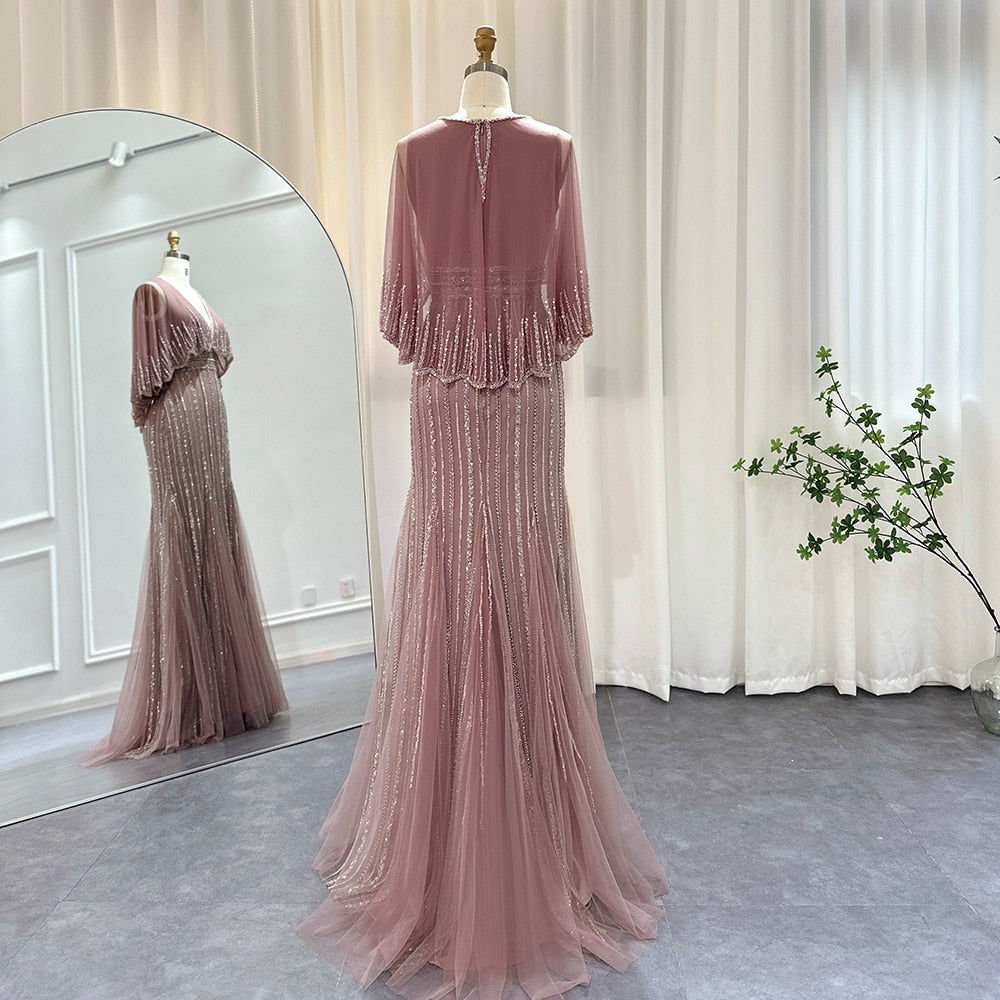 Dreamy Vow Luxury Pink Mermaid Dubai Evening Dresses with Cape 2023 Elegant V-Neck Arabic Women Wedding Formal Party Gown 284
