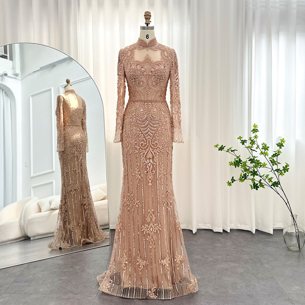 Dreamy Vow Luxury Rose Gold Muslim Dubai Evening Dresses Long Sleeves 2023 Emerald Green Silver Gray Wedding Party Gowns 153