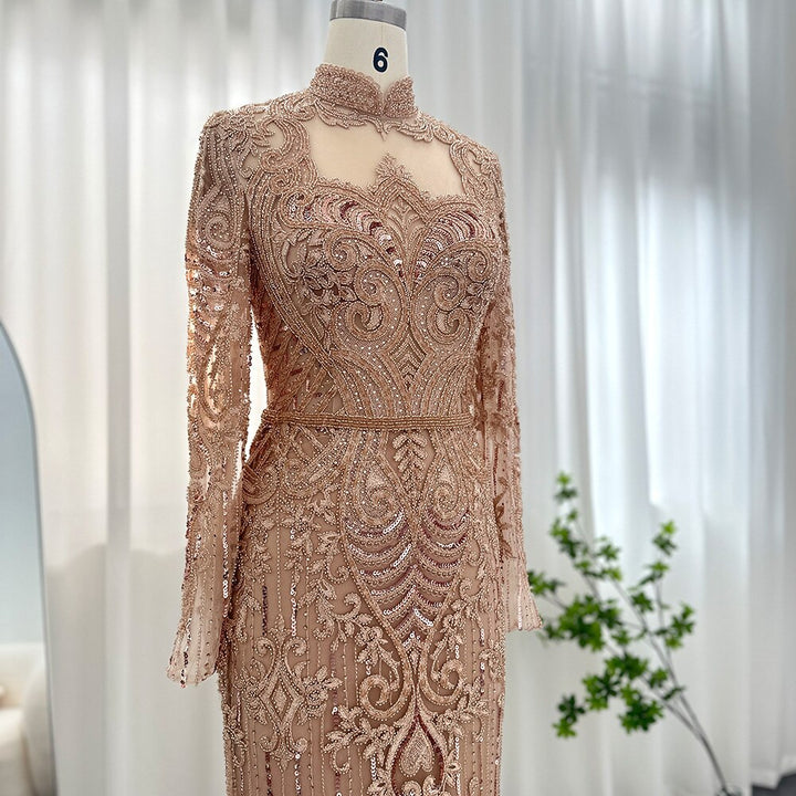 Dreamy Vow Luxury Rose Gold Muslim Dubai Evening Dresses Long Sleeves 2023 Emerald Green Silver Gray Wedding Party Gowns 153