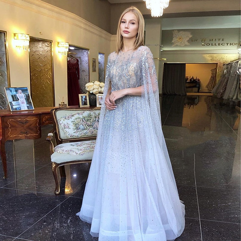 Dreamy Vow Luxury Silver Beaded Dubai Evening Dresses with Cape Sleeves Arabic Long Formal Party Dress for Women Wedding 074