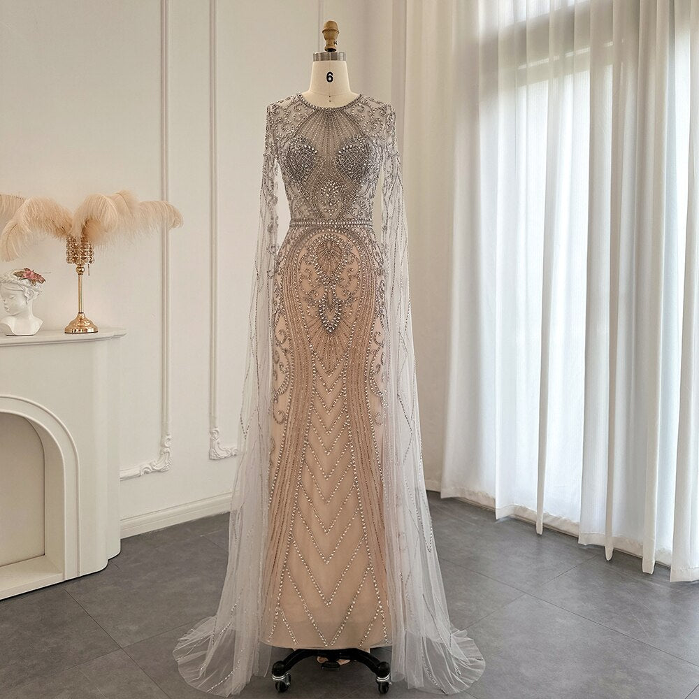 Dreamy Vow Luxury Silver Nude Dubai Evening Dresses with Cape Sleeves Champagne Muslim Arabic Women Wedding Party Dress 119