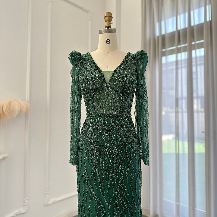 Dreamy Vow Navy Blue Mermaid Evening Dress for Women Wedding Elegant Emerald Green Long Sleeves Arabic Formal Party Gowns 099