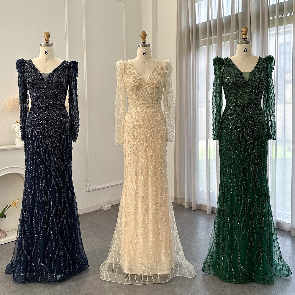 Dreamy Vow Navy Blue Mermaid Evening Dress for Women Wedding Elegant Emerald Green Long Sleeves Arabic Formal Party Gowns 099