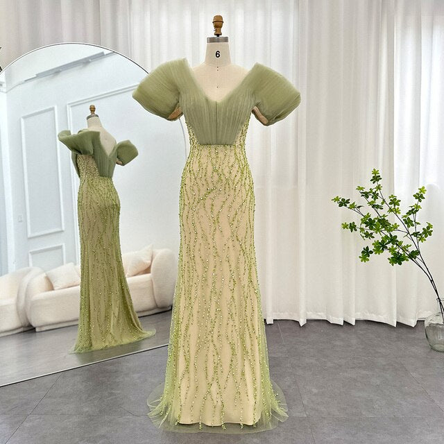 Dreamy Vow Olive Green Luxury Dubai Evening Dresses Elegant Off Shoulder Mermaid Arabic Women Wedding Formal Party Gowns 377