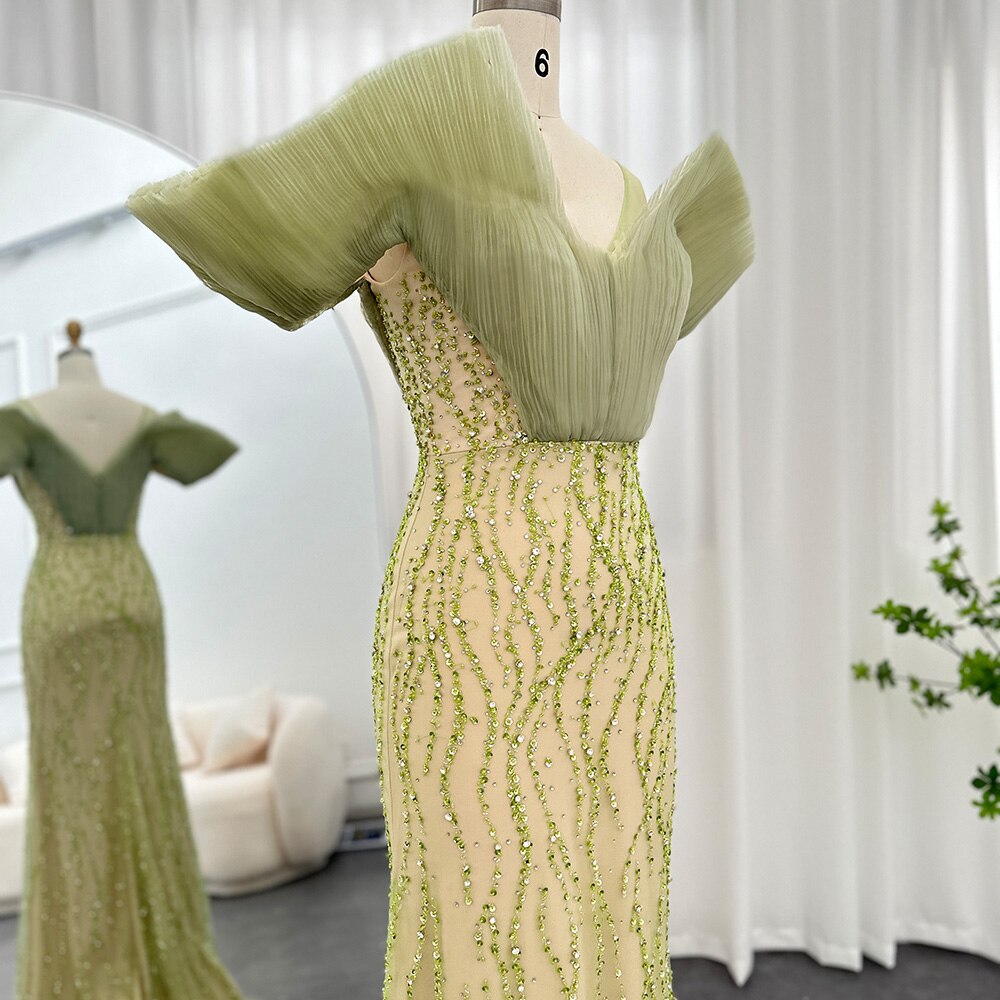 Dreamy Vow Olive Green Luxury Dubai Evening Dresses Elegant Off Shoulder Mermaid Arabic Women Wedding Formal Party Gowns 377