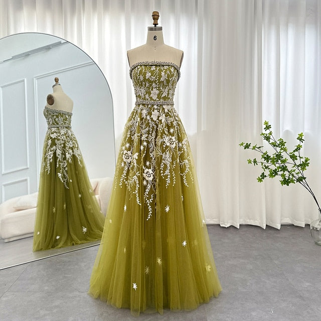 Dreamy Vow Olive Green Luxury Dubai Evening Dresses for Women Wedding Party Elegant Arabic Strapless Formal Prom Gowns 380