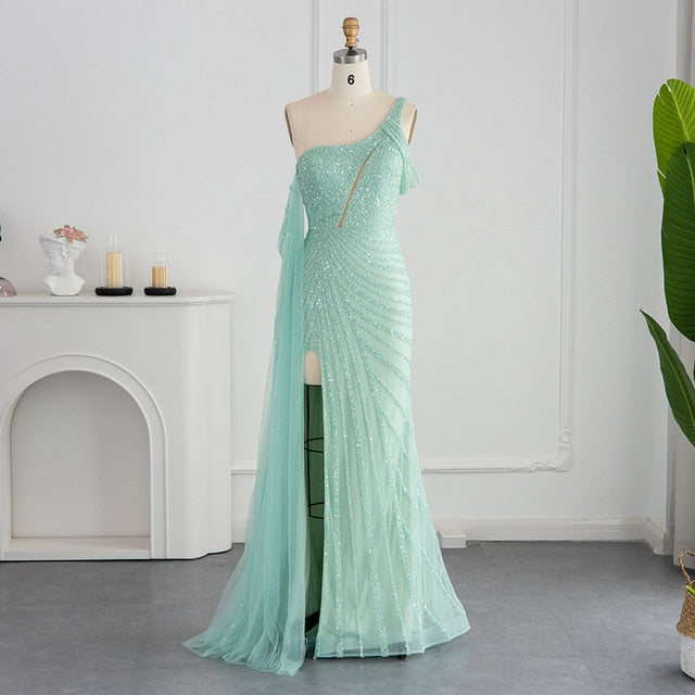 Dreamy Vow Pink One Shoulder Mermaid Evening Dresses Cape Sleeve Luxury Dubai Mint Green Formal Dress for Wedding Party 320