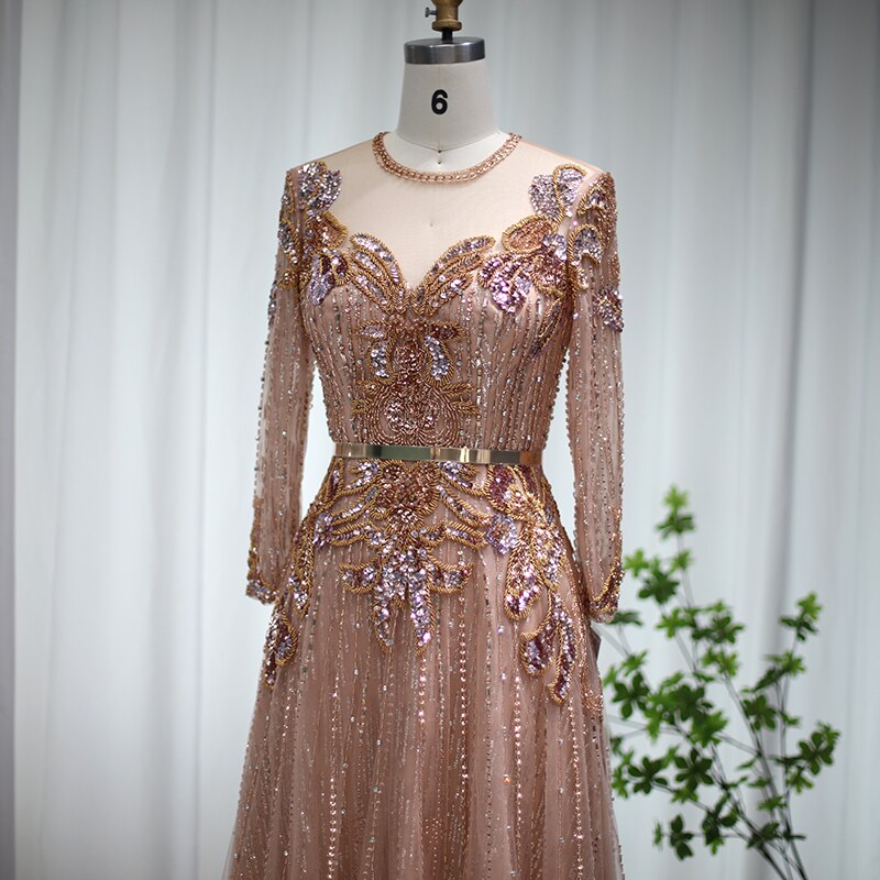 Dreamy Vow Rose Gold Luxury Dubai Evening Dresses Elegant Long Sleeve Muslim Arabic Formal Dress for Women Wedding Party 056
