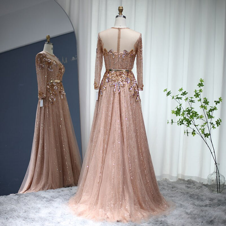 Dreamy Vow Rose Gold Luxury Dubai Evening Dresses Elegant Long Sleeve Muslim Arabic Formal Dress for Women Wedding Party 056