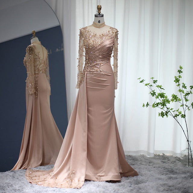 Dreamy Vow Rose Gold Mermaid Arabic Evening Dresses Long Sleeve Luxury Dubai Muslim Formal Dress for Women Wedding Party 472