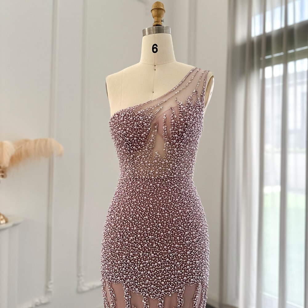 Dreamy Vow Rose Pink One Shoulder Mermaid Evening Dresses 2023 Luxury Dubai Pearls Long Arabic Formal Dress for Wedding 241