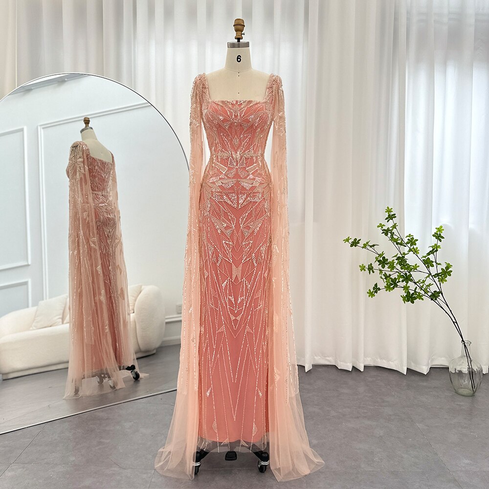 Dreamy Vow Saudi Arabic Nude Pink Luxury Dubai Evening Dresses with Cape Sleeves Square Collar Women Wedding Party Gowns 497