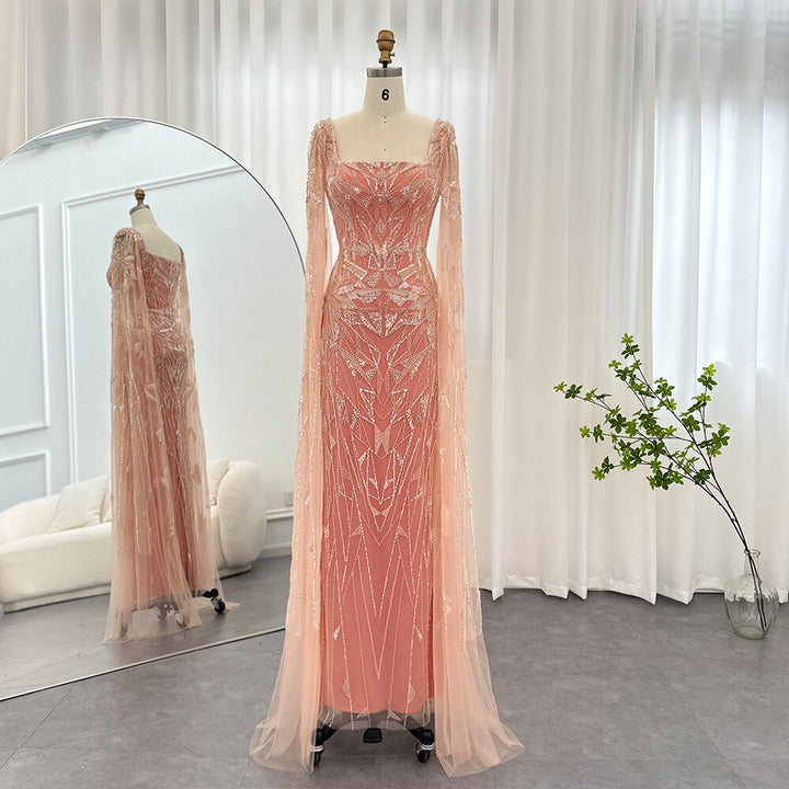 Dreamy Vow Saudi Arabic Nude Pink Luxury Dubai Evening Dresses with Cape Sleeves Square Collar Women Wedding Party Gowns 497